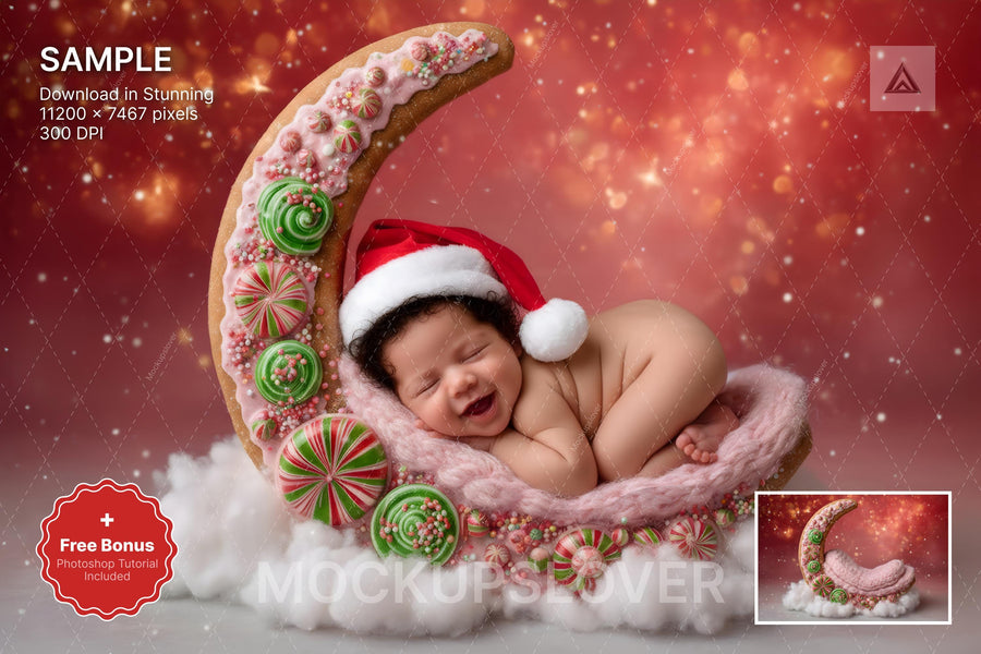 child in festive scene holding candy or under crescent moon with holiday setting