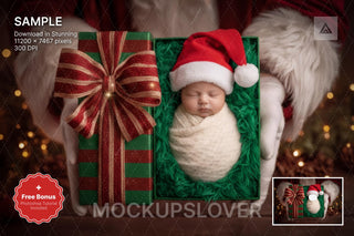 newborn with santa claus overlay on christmas baby portrait digital backdrop, perfect for holiday photos and photoshop edits