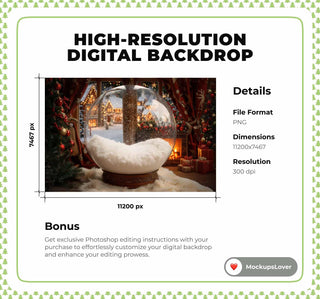 Christmas Newborn Digital Backdrop, Glass Globe, Cozy Christmas House Photo Background, Holiday Baby Boy Girl Prop, Photoshop/Canva Template