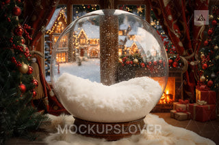 Christmas Newborn Digital Backdrop, Glass Globe, Cozy Christmas House Photo Background, Holiday Baby Boy Girl Prop, Photoshop/Canva Template