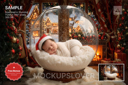 christmas house scene with glass globe and cozy background emphasizing festive holiday mood