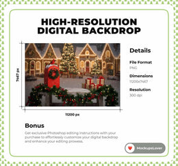 Christmas Digital Backdrop, Wood Bench, Red Mailbox, Village Photo Background, Holiday Kids Prop, Letter To Santa, Photoshop/Canva Template