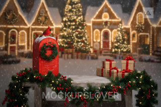 Christmas Digital Backdrop, Wood Bench, Red Mailbox, Village Photo Background, Holiday Kids Prop, Letter To Santa, Photoshop/Canva Template
