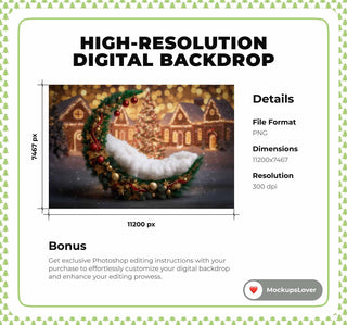Newborn Digital Backdrop, Christmas Photo Background, Crescent Moon, Holiday Baby Boy Girl Prop, Village, Photoshop & Canva Template