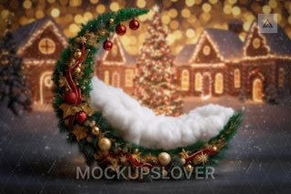 Newborn Digital Backdrop, Christmas Photo Background, Crescent Moon, Holiday Baby Boy Girl Prop, Village, Photoshop & Canva Template