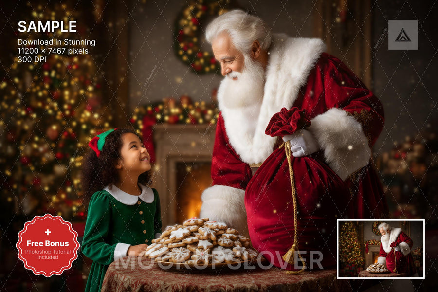 christmas bakery scene with santa claus and cookies, cozy house background