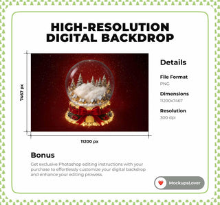 Newborn Digital Backdrop, Red Christmas Studio Photo Background, Glass Globe, Christmas Card, Holiday Baby Prop, Photoshop & Canva Template