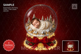 baby with glass globe in festive christmas studio backdrop, perfect for holiday photos