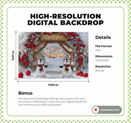 Christmas Animals Digital Backdrop, North Pole, Arch, Penguins, Winter Wonderland Photo Background, Holiday Kids Prop, Photoshop Template