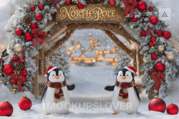 Christmas Animals Digital Backdrop, North Pole, Arch, Penguins, Winter Wonderland Photo Background, Holiday Kids Prop, Photoshop Template