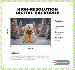 Christmas Digital Backdrop, Polar Bear Photo Background, Holiday Kids Prop, Christmas Village, Woodland Animals, Photoshop & Canva Template