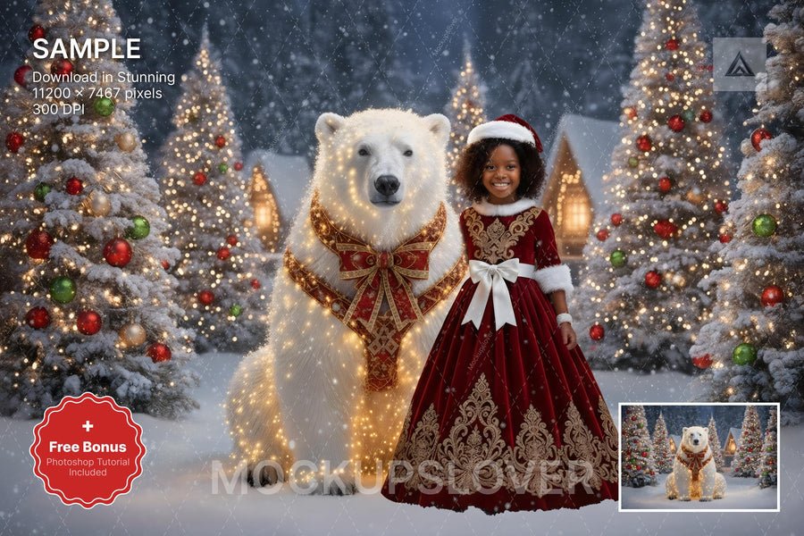 polar bear and woodland animals scene, christmas backdrop for holiday photography, kids photo background