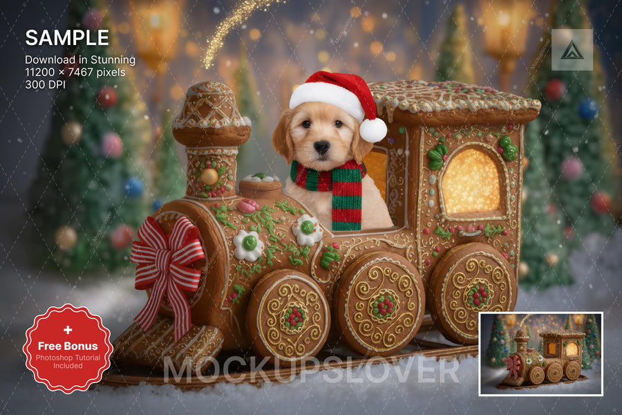 christmas train scene with winter landscape background and festive props