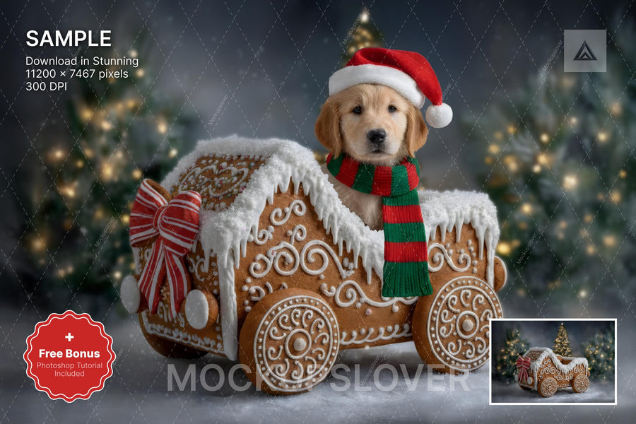 gingerbread cart scene with winter landscape background and festive props