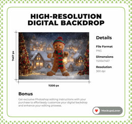 Christmas Digital Backdrop, Giant Gingerbread Photo Background, Holiday Kids Prop, Winter Wonderland, Christmas Cookies, Photoshop Template