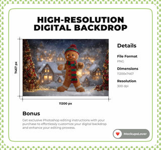 Christmas Digital Backdrop, Giant Gingerbread Photo Background, Holiday Kids Prop, Winter Wonderland, Christmas Cookies, Photoshop Template