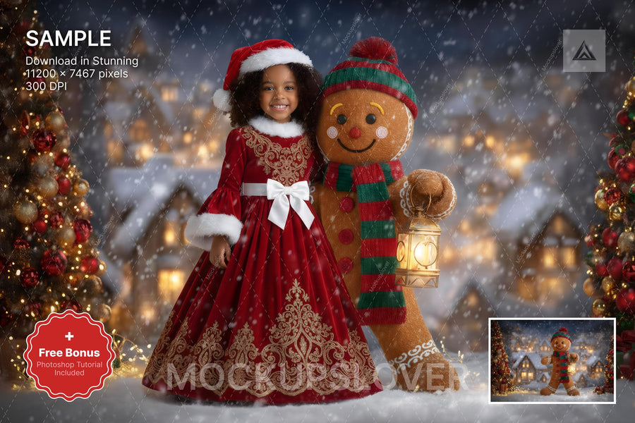 giant gingerbread backdrop with christmas cookies in winter wonderland for holiday kids photos
