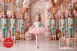 giant nutcracker in a pink winter wonderland studio setup for holiday kids photos