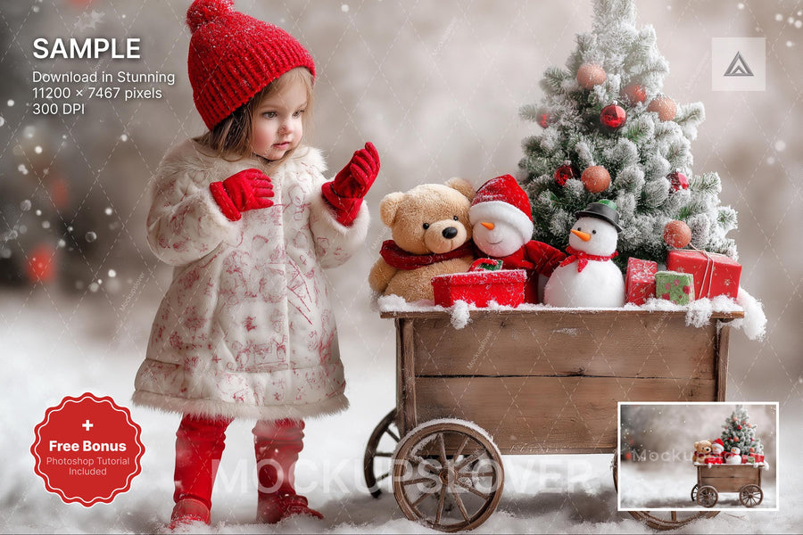 rustic christmas farm cart in winter wonderland for holiday kids portrait