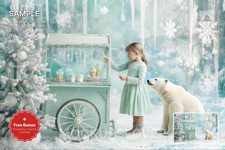polar bear scene with north pole backdrop, winter wonderland, holiday kids prop, photoshop & canva template