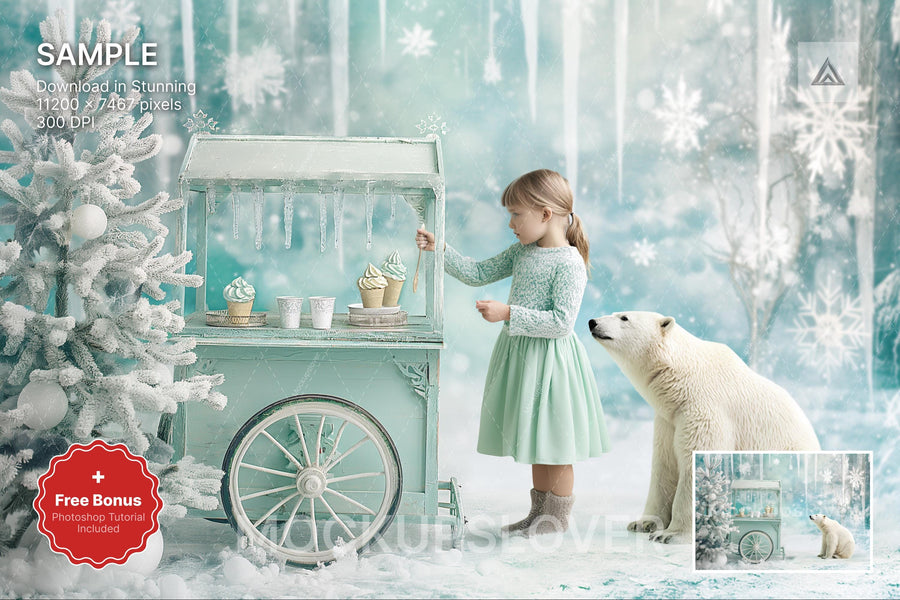 polar bear scene with north pole backdrop, winter wonderland, holiday kids prop, photoshop & canva template