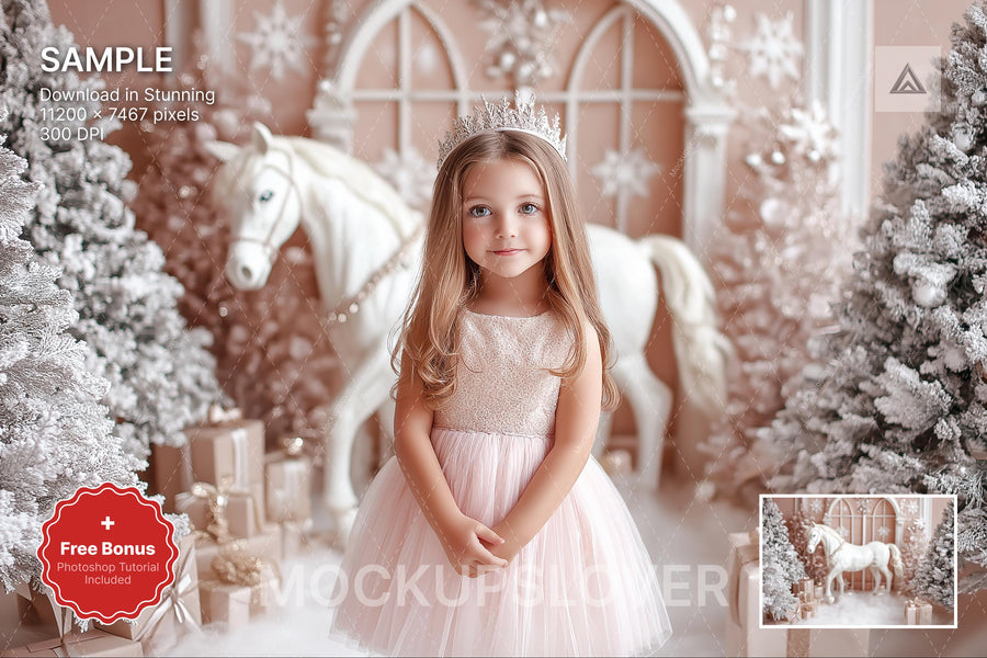 pink christmas princess scene with winter backdrop, ideal for kids' holiday portraits, suitable for photoshop and canva