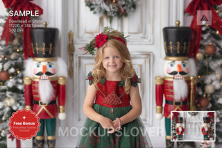 christmas nutcracker figure on winter backdrop, ideal for holiday photo sessions