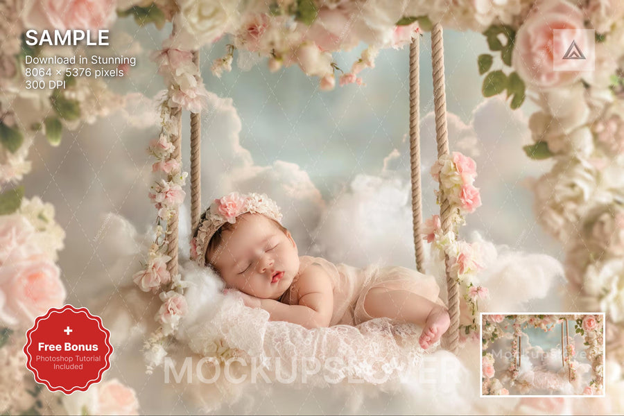 newborn baby in floral swing scene, studio backdrop, dreamy floral background, perfect for photo shoots