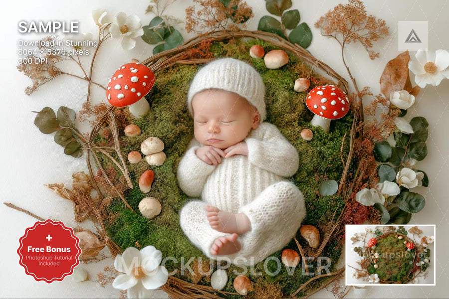 woodland baby backdrop with fall leaves and magic mushrooms, ideal for newborn photography