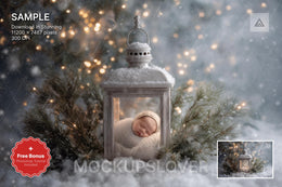 newborn on a digital christmas backdrop with lanterns in a snowy forest