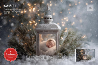newborn on a digital christmas backdrop with lanterns in a snowy forest