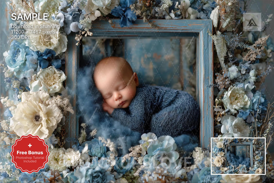 newborn digital backdrop with blue floral frame for photo editing in photoshop and canva