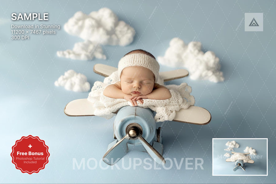 baby boy pilot scene with airplane digital backdrop, perfect for newborn photography