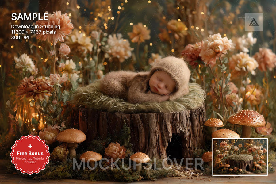 scene of a fairy fantasy forest backdrop with mushrooms and flowers, ideal for newborn photography