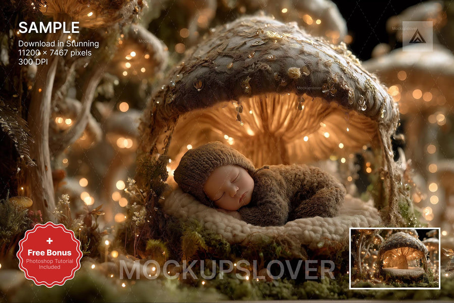 fairy fantasy forest backdrop with giant mushroom and woodland scene, ideal for newborn photography