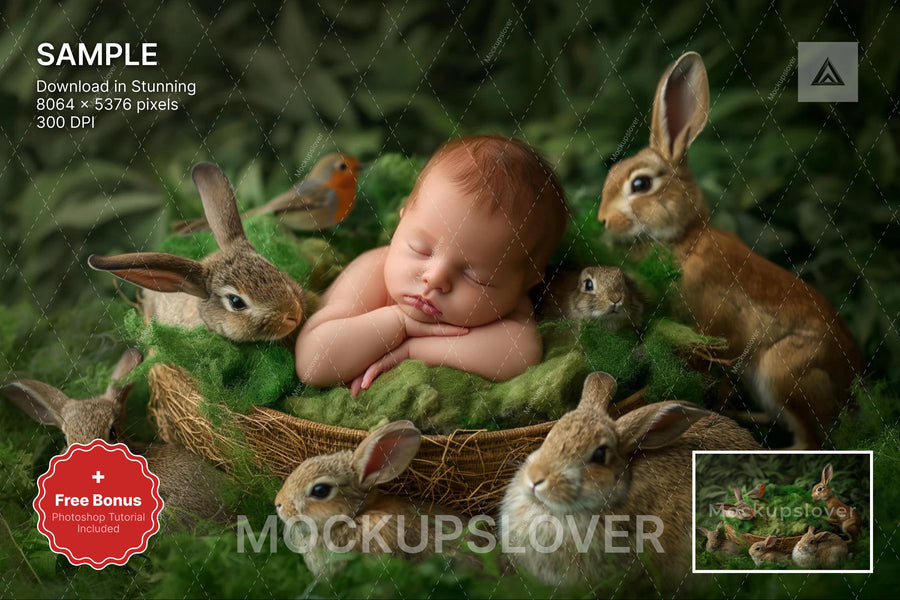 woodland baby scene with forest creatures, perfect for newborn photo props and fantasy backgrounds