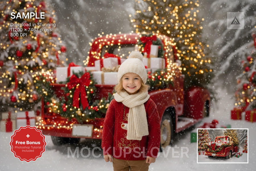 christmas scene with red truck and winter forest background, suitable for children and holiday photos