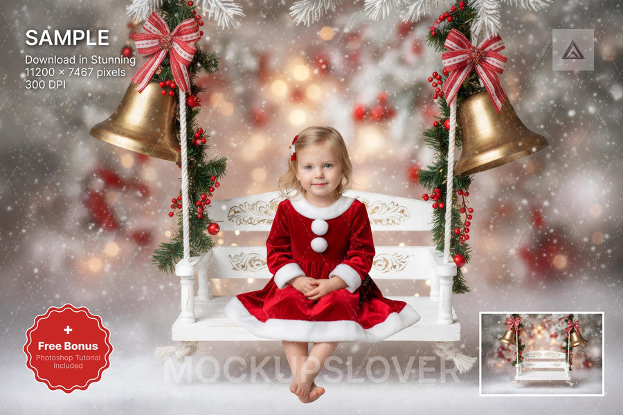kids swinging in christmas digital backdrop with winter wonderland and holiday props