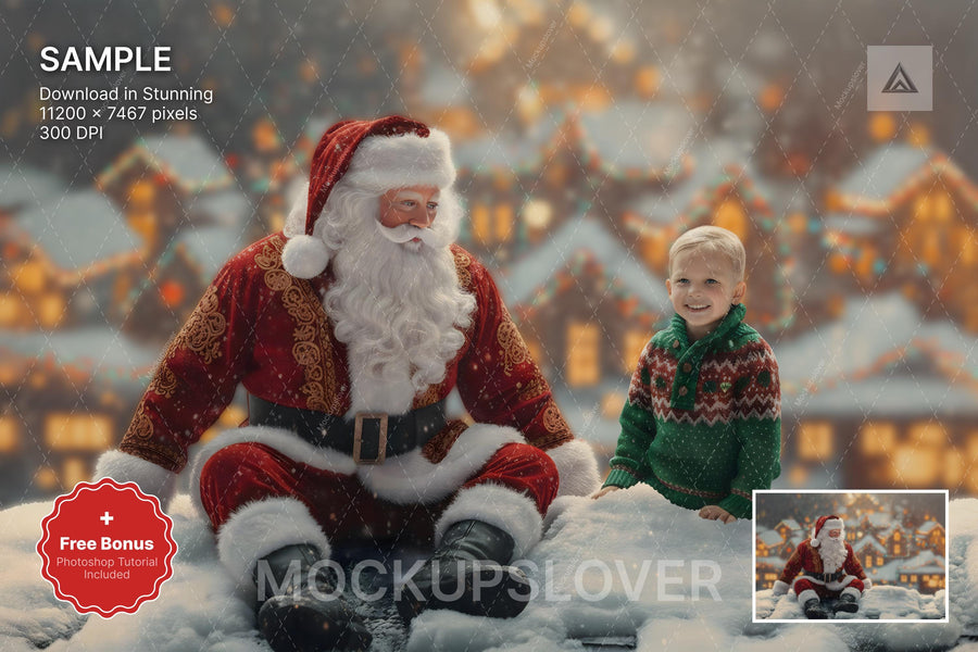 santa claus on a rooftop in a winter wonderland village, christmas digital backdrop for holiday photo shoots