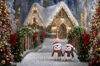 Christmas Village Bridge Digital Backdrop, Penguins, House, Winter Wonderland Photo Background, Holiday Kids Prop, Photoshop/Canva Template