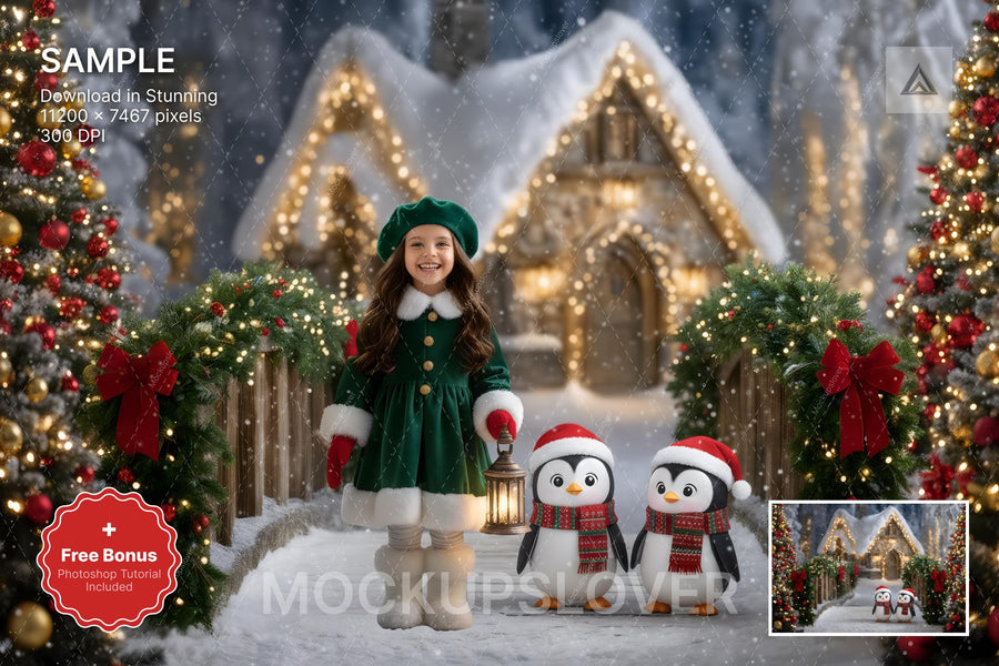 scene with christmas village, penguins, house, winter wonderland setting