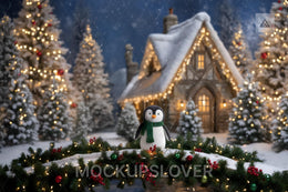 Christmas Village Digital Backdrop, Bridge, Penguin, Winter Wonderland Photo Background, Holiday Kids Prop, Photoshop & Canva Template