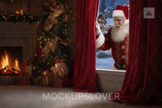 Christmas House Digital Backdrop, Santa Claus, Window, Winter Wonderland, Photo Background, Holiday Kids Prop, Photoshop & Canva Template