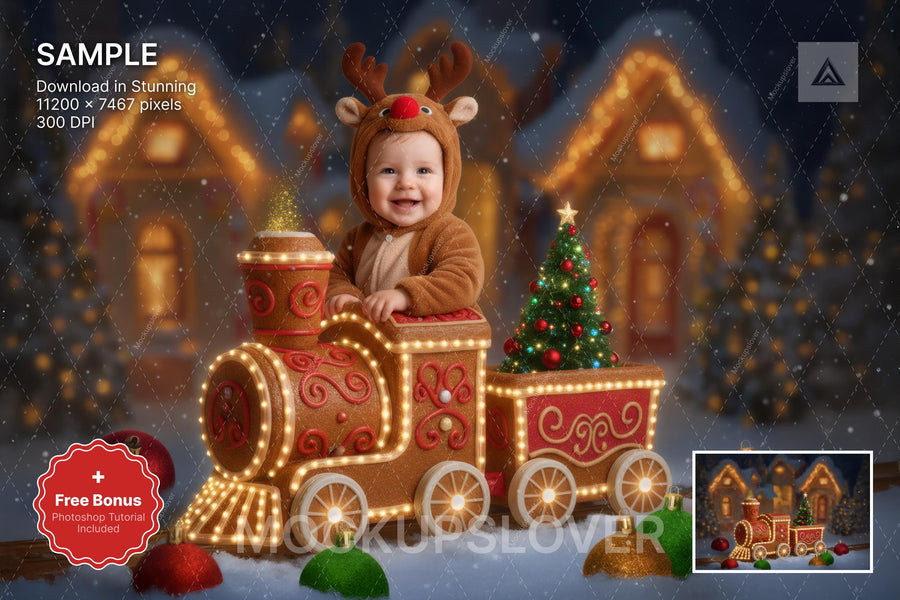 scene with gingerbread train and winter backdrop suitable for holiday photos