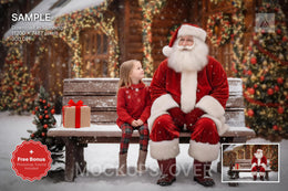 santa claus on wood bench in winter wonderland country christmas digital backdrop