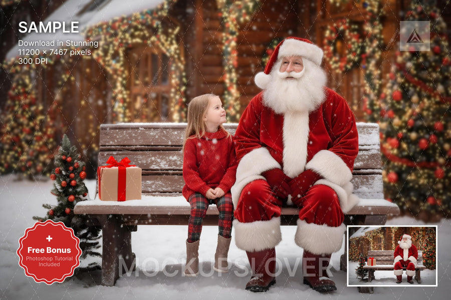 santa claus on wood bench in winter wonderland country christmas digital backdrop
