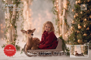 christmas digital backdrop with santa sleigh and reindeer, winter forest scene, holiday prop