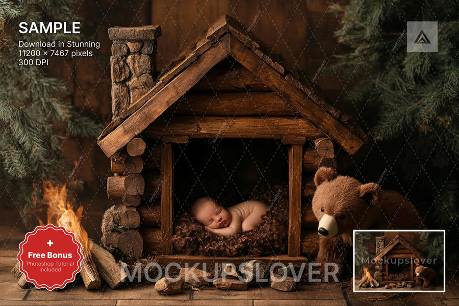woodland baby scene with brown bear, ideal for newborn photo shoots and photoshop templates