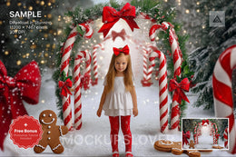 candy cane arch digital backdrop for christmas photos, featuring holiday gingerbread and red accents