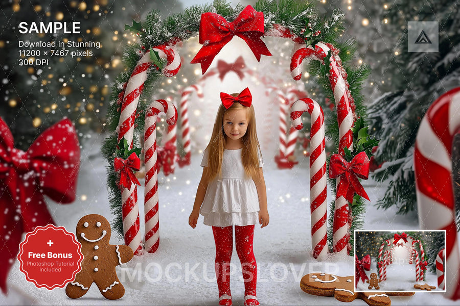 candy cane arch digital backdrop for christmas photos, featuring holiday gingerbread and red accents